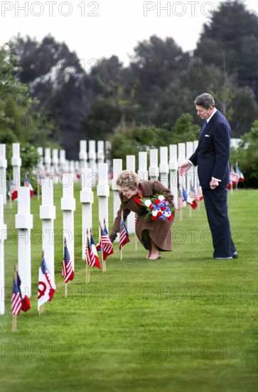 U.S. President Ronald Reagan and U.S. First Lady Nancy Reagan visiting grave of Theodore Roosevelt Jr., at Omaha Beach Cemetery during 40th anniversary of D-Day Landings, Colleville-sur-Mer, France, President Ronald Reagan White House Photographic Office, June 6, 1984
