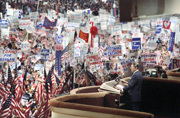U.S. President Ronald Reagan giving his acceptance speech at Republican National Convention, Dallas Texas, USA, President Ronald Reagan White House Photographic Office, August 23, 1984