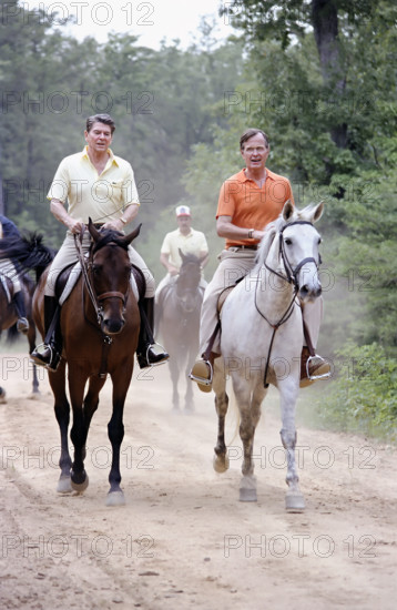 U.S. President Ronald Reagan and U.S. Vice President George H.W. Bush horseback riding, Quantico, Virginia, USA, President Ronald Reagan White House Photographic Office, July 22, 1981