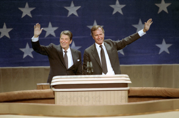 U.S. Vice President George H.W. Bush and U.S. President Ronald Reagan at podium after acceptance speech at Republican National Convention, Dallas, Texas, USA, President Ronald Reagan White House Photographic Office, August 23, 1984