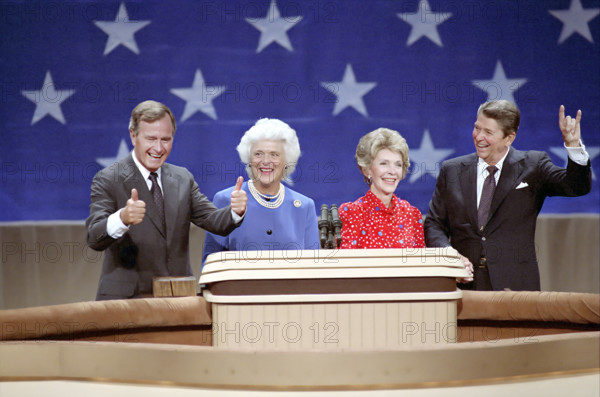 U.S. Vice President George H.W. Bush, U.S. 2nd Lady Barbara Bush, U.S. First Lady Nancy Reagan and U.S. President Ronald Reagan at podium after acceptance speech at Republican National Convention, Dallas, Texas, USA, President Ronald Reagan White House Photographic Office, August 23, 1984