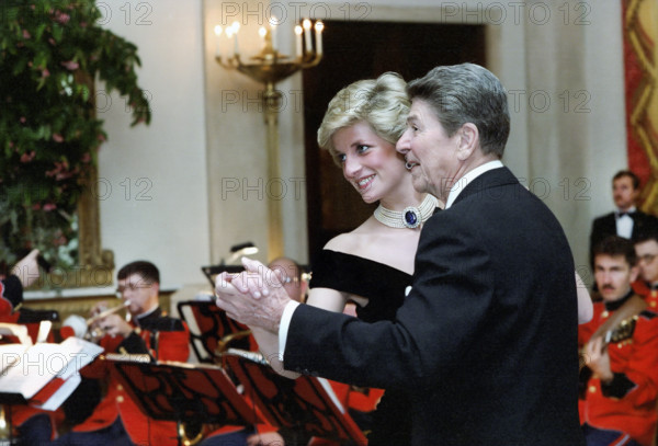 U.S. President Ronald Reagan dancing with Princess Diana in Cross Hall of the White House, Washington, D.C., USA, President Ronald Reagan White House Photographic Office, November 9, 1985