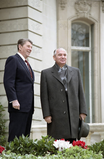 U.S. President Ronald Reagan's first meeting with Soviet General Secretary Mikhail Gorbachev at Fleur D'Ea during first summit, Geneva, Switzerland, President Ronald Reagan White House Photographic Office, November 19, 1985