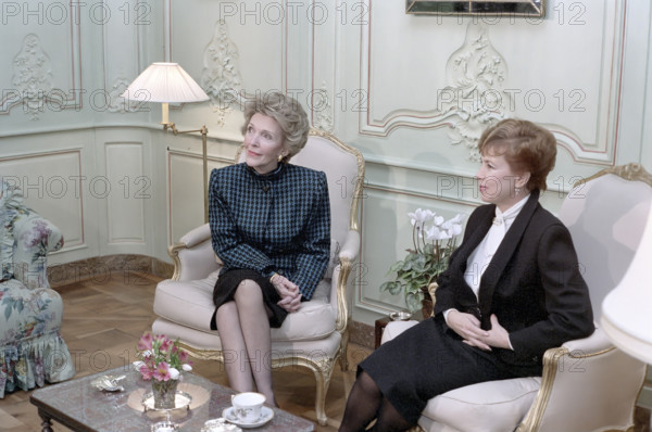 U.S. First Lady Nancy Reagan having first tea with Raisa Gorbachev at Maison De Saussure, Geneva, Switzerland, President Ronald Reagan White House Photographic Office, November 19,1985