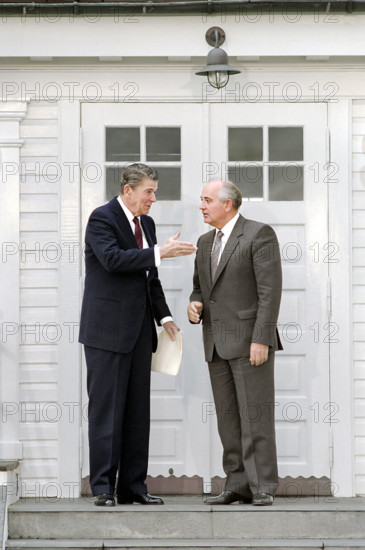 U.S. President Ronald Reagan with Soviet General Secretary Mikhail Gorbachev at the end of second meeting at Hofdi House, Reykjavik, Iceland, President Ronald Reagan White House Photographic Office, October 12, 1986