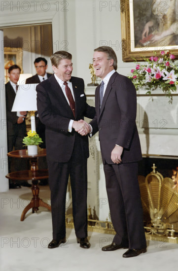 U.S. President Ronald Reagan with Canadian Prime Minister Brian Mulroney at Rideau Hall, Ottawa, Ontario, Canada, President Ronald Reagan White House Photographic Office, April 5, 1987
