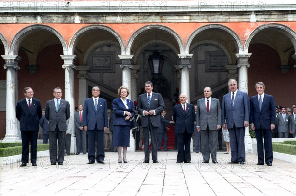 Prime Minister of Belgium Wilfried Martens, President of the European Commission Jacques Delors, Prime Minister of Japan, Yasuhiro Nakasone, Prime Minister of United Kingdom Margaret Thatcher, U.S. President Ronald Reagan, Prime Minister of Italy Amintore Fanfani, President of France Francois Mitterand, Chancellor of Germany Helmut Kohl and Prime Minister of Canada Brian Mulroney attending G-7 Economic Leaders Summit, Giorgio Cini Foundation, Venice, Italy, President Ronald Reagan White House Photographic Office, June 9, 1987