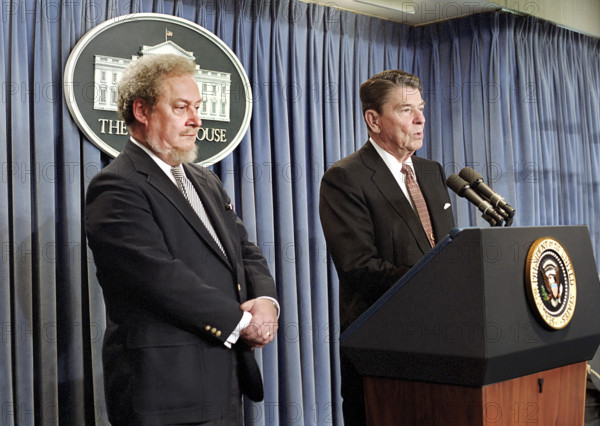 U.S. President Ronald Reagan announcement regarding the nomination of Robert Bork as Associate Justice of Supreme Court, White House Press Room, Washington, D.C., USA, President Ronald Reagan White House Photographic Office, July 1, 1987