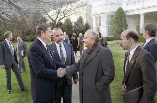 U.S. President Ronald Reagan and Soviet General Secretary Mikhail Gorbachev shaking hands on White House lawn after State Visit and signing of INF Treaty, Washington, D.C., USA, President Ronald Reagan White House Photographic Office, December 8, 1987