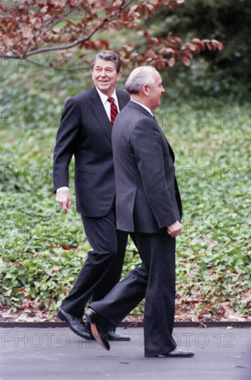 U.S. President Ronald Reagan and Soviet General Secretary Mikhail Gorbachev on White House South Lawn during Washington Summit, Washington, D.C., USA, President Ronald Reagan White House Photographic Office, December 10, 1987