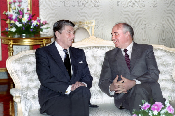 U.S. President Ronald Reagan and Soviet General Secretary Mikhail Gorbachev at first meeting during Moscow Summit, Grand Kremlin Palace, Moscow, Russia, USSR, President Ronald Reagan White House Photographic Office, May 29, 1988