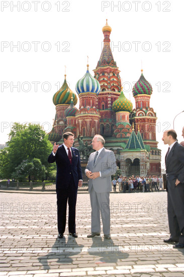 U.S. President Ronald Reagan and Soviet General Secretary Mikhail Gorbachev in Red Square during Moscow Summit, Moscow, Russia, USSR, President Ronald Reagan White House Photographic Office, May 31, 1988