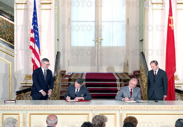 U.S. President Ronald Reagan and Soviet General Secretary Mikhail Gorbachev signing the ratification of Intermediate Range Nuclear Forces INF Treaty, Moscow, Russia, USSR, President Ronald Reagan White House Photographic Office, June 1, 1988