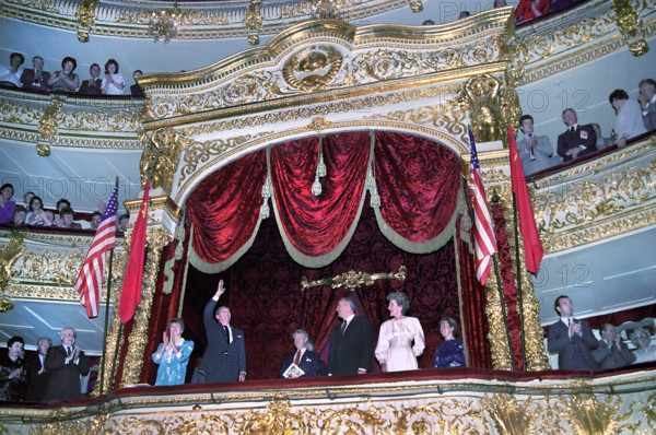 First Lady of the Soviet Union Raisa Gorbachev, U.S. President Ronald Reagan, Soviet General Secretary Mikhail Gorbachev and  U.S. First Lady Nancy Reagan, attending Bolshoi Ballet Theater during Moscow Summit, Moscow, Russia, USSR, President Ronald Reagan White House Photographic Office, June 1, 1988