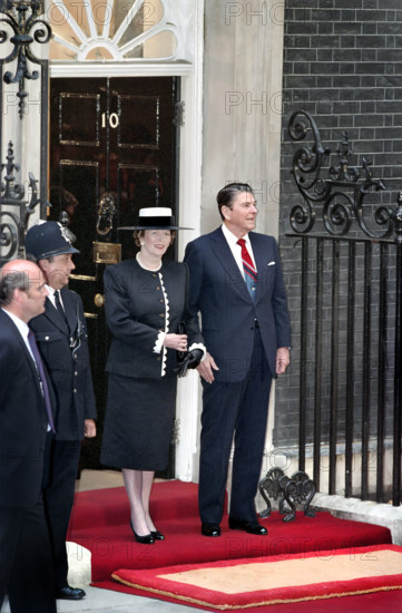 U.S. President Ronald Reagan and British Prime Minister Margaret Thatcher outside 10 Downing Street, London, England, UK, President Ronald Reagan White House Photographic Office, June 2, 1988
