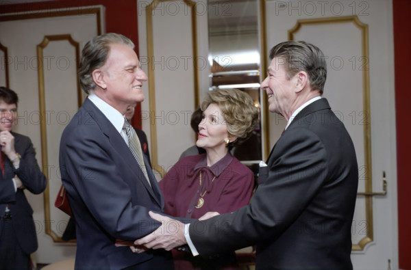 U.S. President Ronald Reagan, U.S. First Lady Nancy Reagan and American Evangelist Billy Graham at The National Prayer Breakfast, Washington Hilton Hotel, Washington, D.C., USA, President Ronald Reagan White House Photographic Office, February 5, 1981
