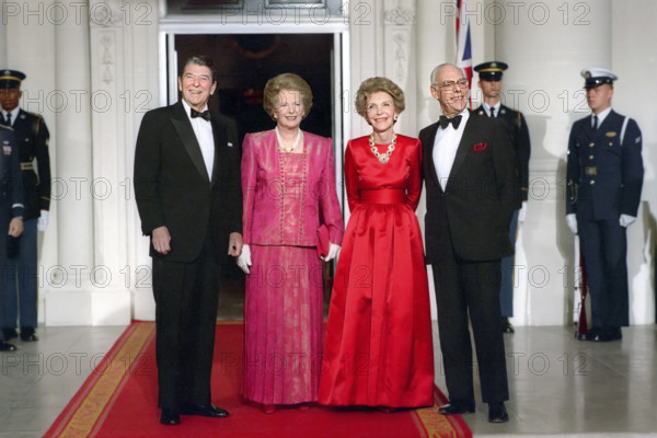U.S. President Ronald Reagan, British Prime Minister Margaret Thatcher, U.S. First Lady Nancy Reagan and Denis Thatcher on the North Portico during last State Dinner hosted by the Reagans at the White House, Washington, D.C., USA, President Ronald Reagan White House Photographic Office, November 16, 1988