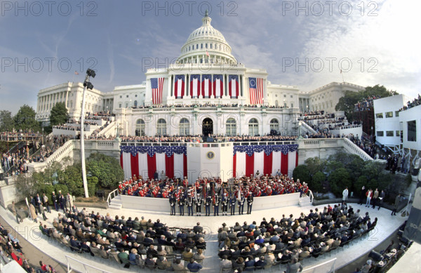 U.S. President Ronald Reagan delivering inaugural address, west side of U.S. Capitol building, Washington, D.C., USA, President Ronald Reagan White House Photographic Office, January 20, 1981