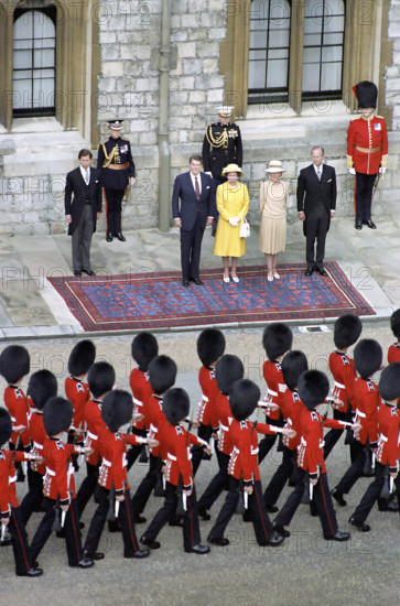 Prince Charles, U.S. President Ronald Reagan, Queen Elizabeth II, U.S. First Lady Nancy Reagan  and Prince Philip reviewing troops, Windsor Castle, Windsor, Berkshire, England, UK, President Ronald Reagan White House Photographic Office, June 7, 1982