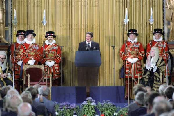 U.S. President Ronald Reagan addressing British Parliament, London, England, UK, President Ronald Reagan White House Photographic Office, June 8, 1982