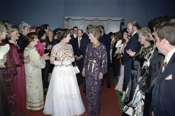 Arrival of Queen Elizabeth II and U.S. First Lady Nancy Reagan at reception and dinner, 20th Century-Fox Studios, Los Angeles, California, USA, President Ronald Reagan White House Photographic Office, February 27, 1983