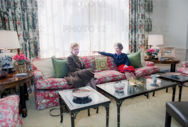 U.S. First Lady Nancy Reagan meeting with former U.S. First Lady Betty Ford in White House West Sitting Hall residence, Washington, D.C., USA, President Ronald Reagan White House Photographic Office, March 2, 1981