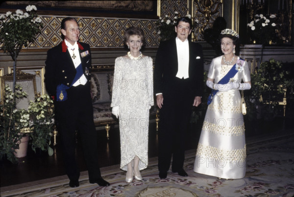 U.S. President Ronald Reagan and U.S. First Lady Nancy Reagan with Queen Elizabeth II and Prince Philip at Windsor Castle, Windsor, Berkshire, England, UK, President Ronald Reagan White House Photographic Office, June 8, 1982