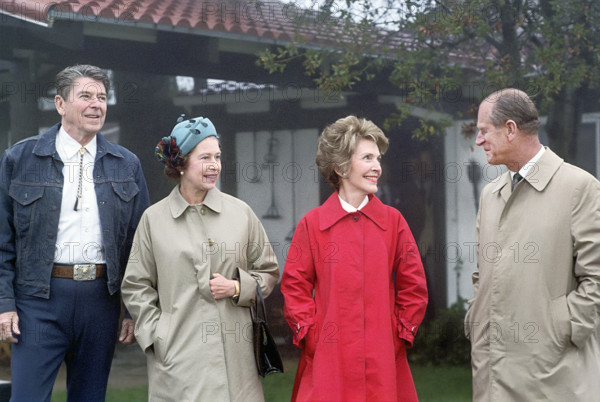 U.S. President Ronald Reagan, Queen Elizabeth II, U.S. First Lady Nancy Reagan and Prince Phillip during arrival for lunch, Rancho Del Cielo, Santa Barbara, California, USA, President Ronald Reagan White House Photographic Office, March 1, 1983
