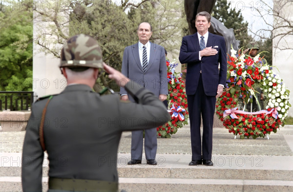 U.S. President Ronald Reagan and President of France Francois Mitterrand attending 40th Anniversary of D-Day landings Ceremony, Omaha Beach Cemetery, Colleville Sur Mer, Normandy, France, President Ronald Reagan White House Photographic Office, June 6, 1984