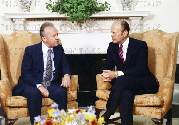 U.S. President Gerald R. Ford and Prime Minister Yitzhak Rabin of Israel meeting in White House Oval Office, Washington, D.C., USA, Gerald R. Ford White House Photographs, June 11, 1975