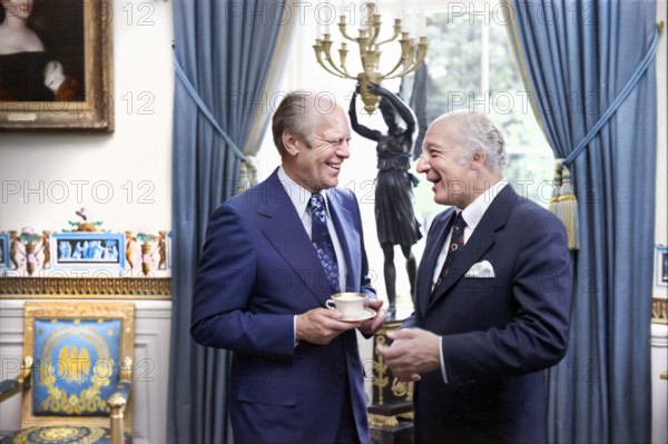 U.S. President Gerald R. Ford talking with Walter Scheel, President of the Federal Republic of Germany, during reception in the White House Blue Room, Washington, D.C., USA, Gerald R. Ford White House Photographs, June 16,1975