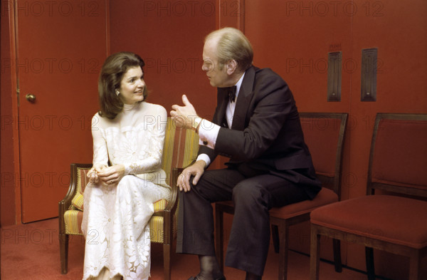 U.S. President Gerald R. Ford chatting with Jacqueline Kennedy Onassis at intermission reception during a Bicentennial Salute to the Performing Arts, John F. Kennedy Center for the Performing Arts, Washington, D.C., USA, Gerald R. Ford White House Photographs, January 25, 1976