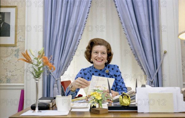 U.S. First Lady Betty Ford reading letters in her White House East Wing office, Washington, D.C., USA, Gerald R. Ford White House Photographs, February 20, 1975