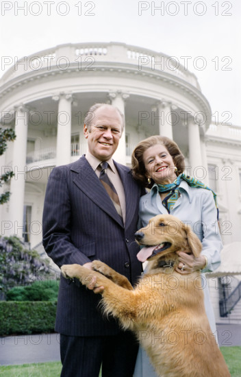 U.S. President Gerald R. Ford, U.S. First Lady Betty Ford and their Dog Liberty on White House South Lawn, Washington, D.C., USA, Gerald R. Ford White House Photographs, May 9, 1975