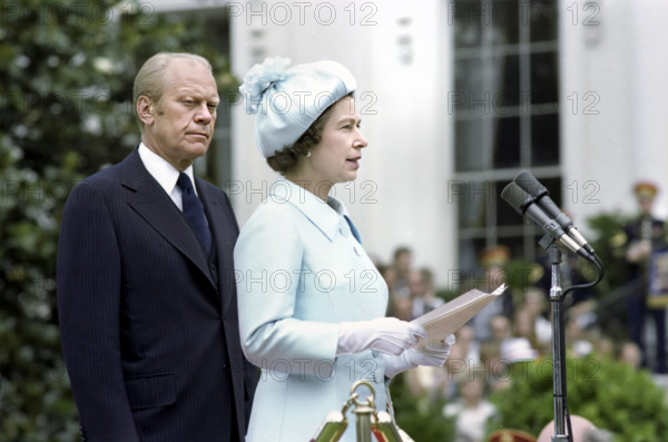 U.S. President Gerald R. Ford listening to Queen Elizabeth II delivering remarks at a State arrival ceremony held in her honor on the White House South Lawn, Washington, D.C., USA, Gerald R. Ford White House Photographs, July 7, 1976