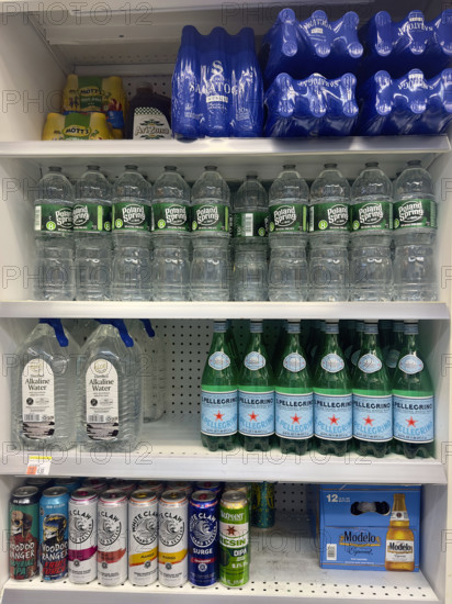 Shelves of bottled water and various beverages, Duane Reade retail store, Tribeca, Manhattan, New York City, New York, USA