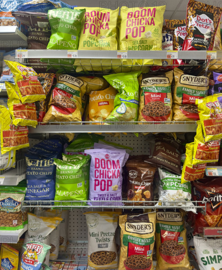 Bags of chips and pretzels on display, Duane Reade retail store, Tribeca, Manhattan, New York City, New York, USA