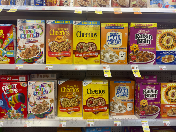 Shelves of cereal boxes, Duane Reade retail store, Tribeca, Manhattan, New York City, New York, USA