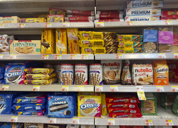 Shelves of packaged cookies and crackers, Duane Reade retail store, Tribeca, Manhattan, New York City, New York, USA