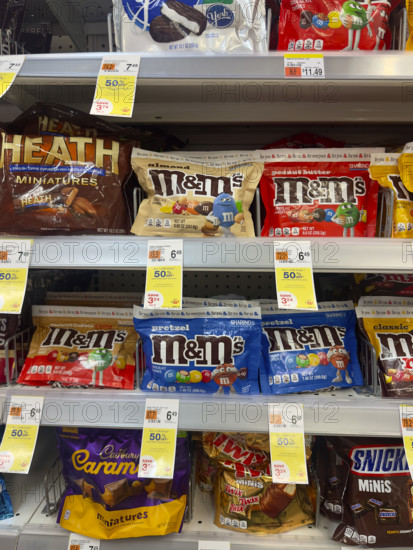 Packages of chocolate candy on display, Duane Reade retail store, Tribeca, Manhattan, New York City, New York, USA