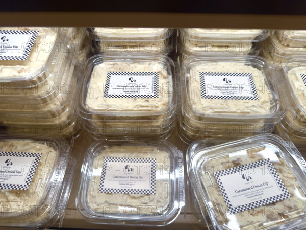 Plastic containers of caramelized onion dip on display, Meadow Lane gourmet grocer, Tribeca, Manhattan, New York City, New York, USA