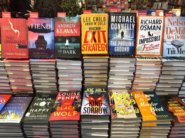 Hard cover books on display, Mysterious Book Shop, Tribeca, Manhattan, New York City, New York, USA