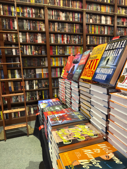 Hard cover books on display, Mysterious Book Shop, Tribeca, Manhattan, New York City, New York, USA