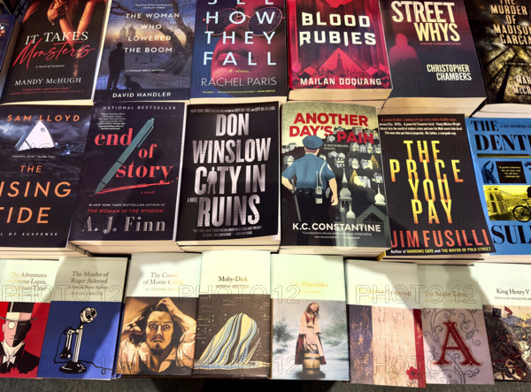 Paperback  books on display, Mysterious Book Shop, Tribeca, Manhattan, New York City, New York, USA