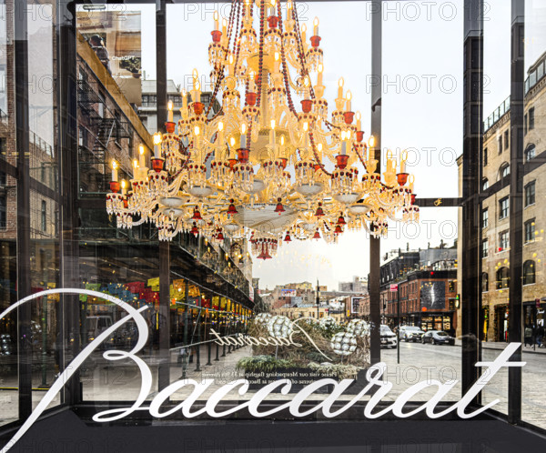 Crystal Chandelier in window display, Baccarat retail store, 33 9th Avenue, Meatpacking District, Manhattan, New York City, New York, USA