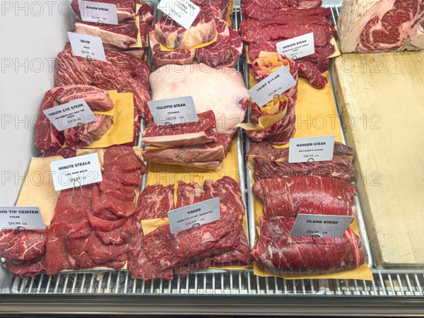 Raw meat display case, Dickson's Farmstand Meats, Chelsea Market, Chelsea, Manhattan, New York City, New York, USA