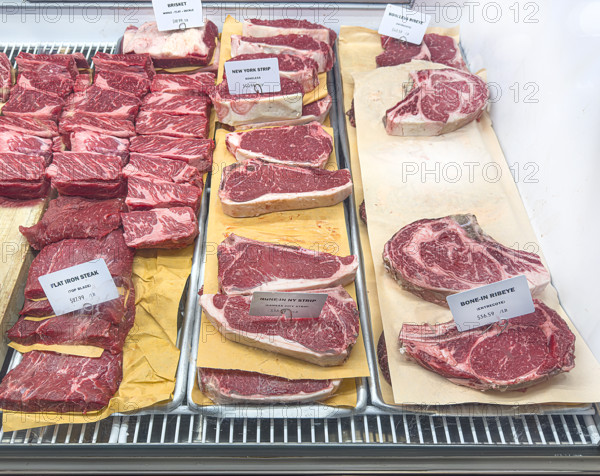 Raw meat display case, Dickson's Farmstand Meats, Chelsea Market, Chelsea, Manhattan, New York City, New York, USA