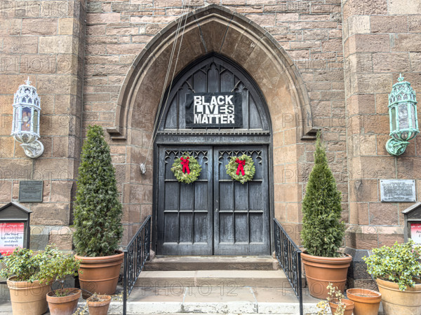 Black Lives Matter sign hanging above entrance to Church of the Ascension, Episcopal church, Greenwich Village, Manhattan, New York City, New York, USA
