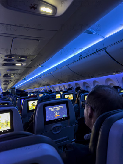 Jet Blue Airlines commercial airplane, interior view of main cabin