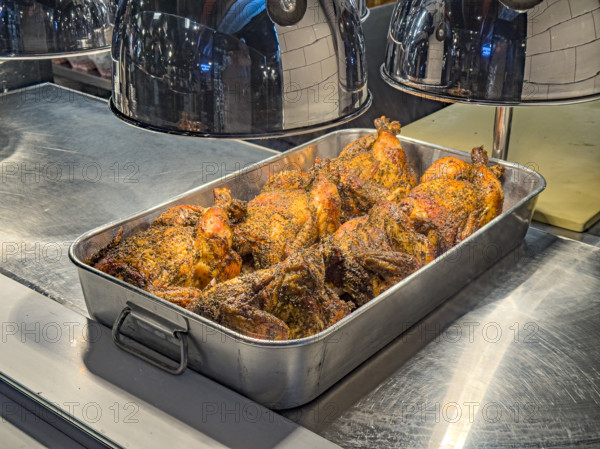 Herb-rubbed rotisserie chickens on display, Dickson's Farmstand Meats, Chelsea Market, Chelsea, Manhattan, New York City, New York, USA